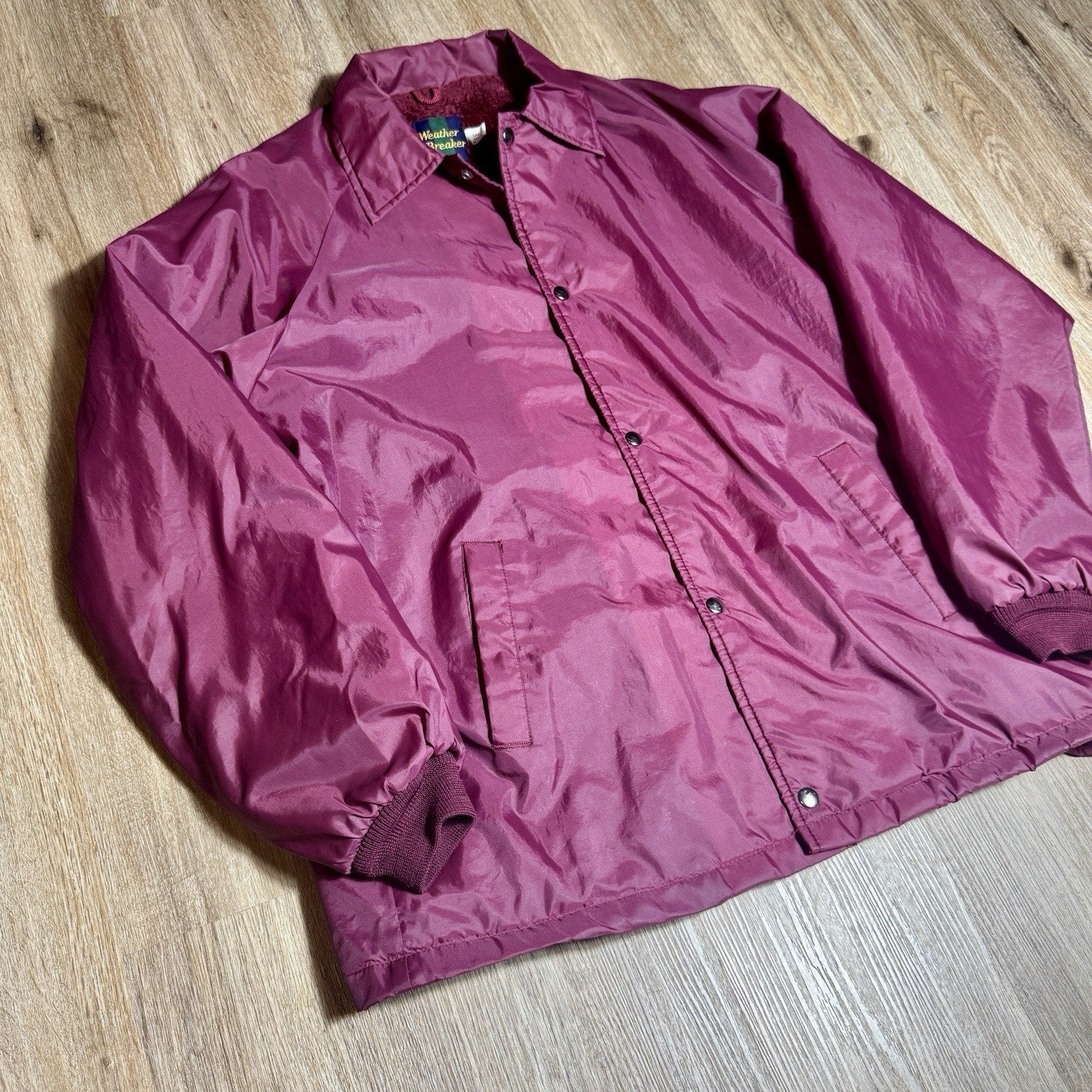 Vtg Weather Breaker Sherpa Lined Coach Jacket USA Burgundy Nylon Men’s L Tall
