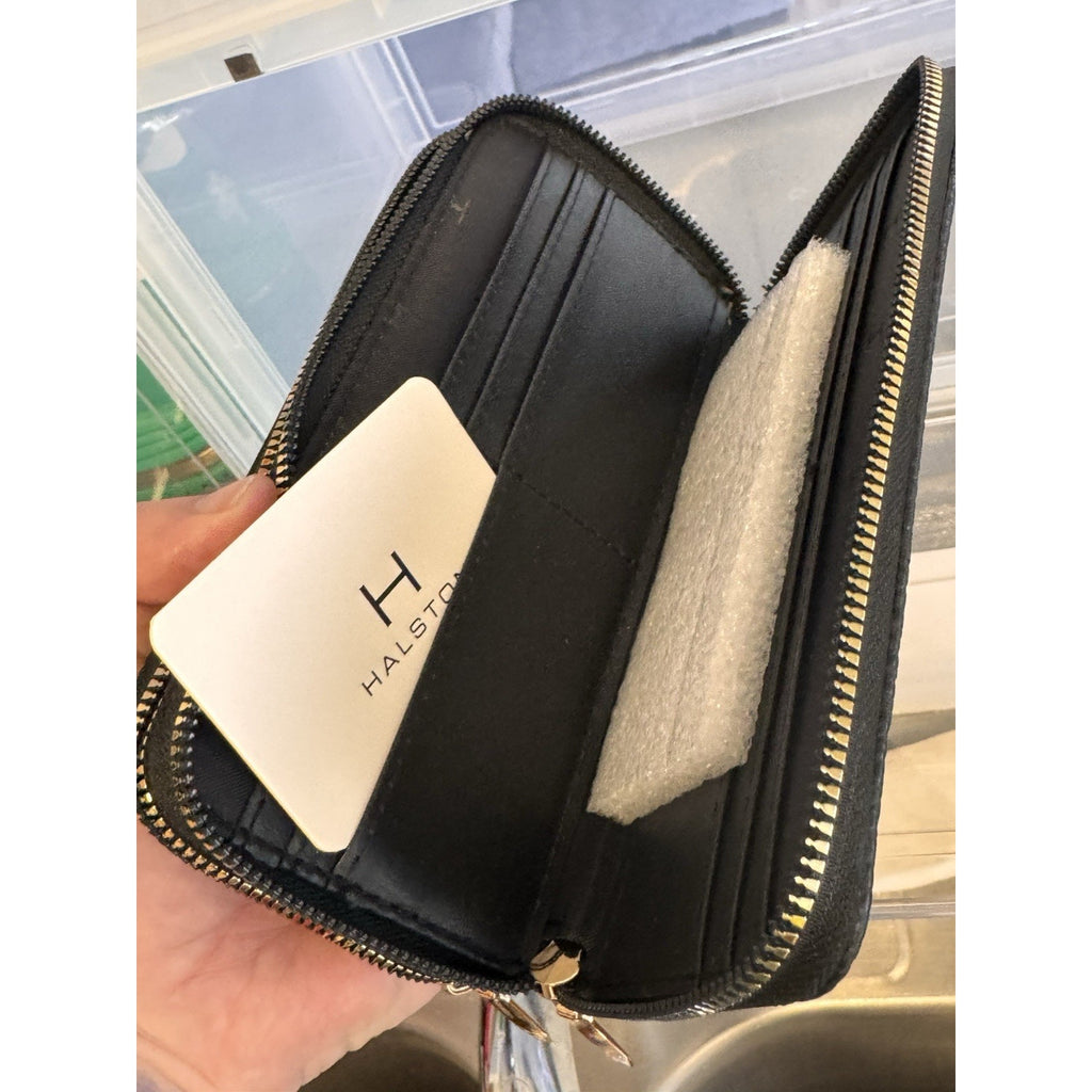 Halston Black Pebbled Leather Zip Around Continental Wallet Clutch Organizer