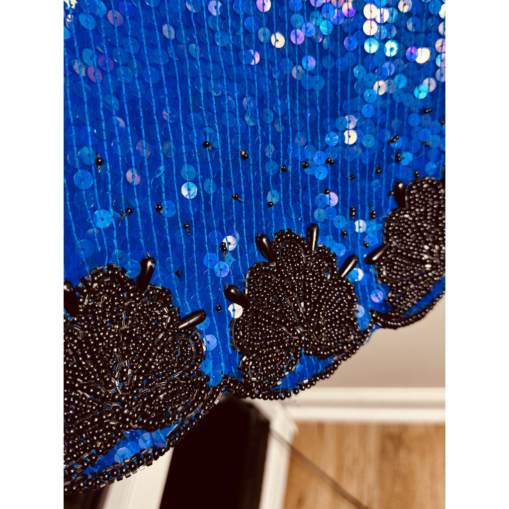 Vintage Stenay Silk Beaded Sequin Top Blue Black Evening Party Blouse Women’s Large
