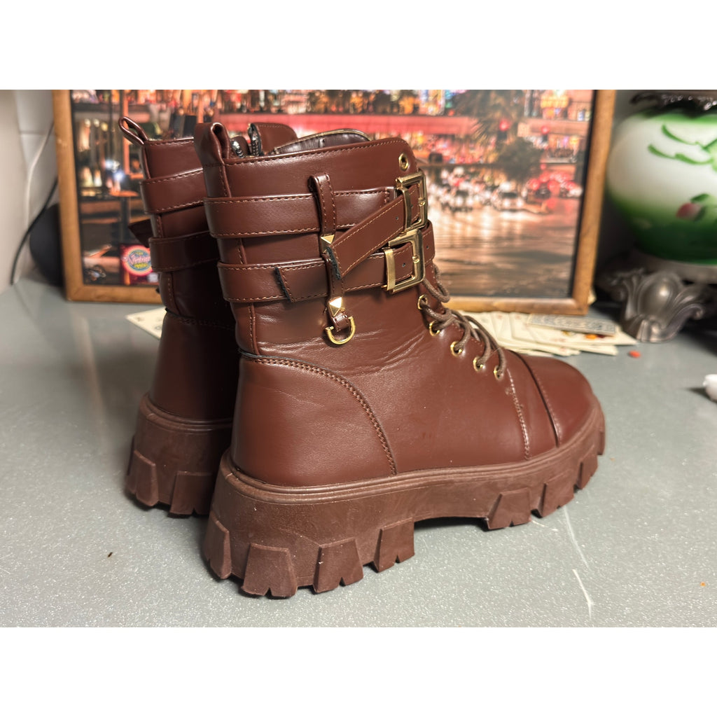 Brown Chunky Platform Combat Boots Women’s Size 6 Lug Sole Buckle Strap Lace Up