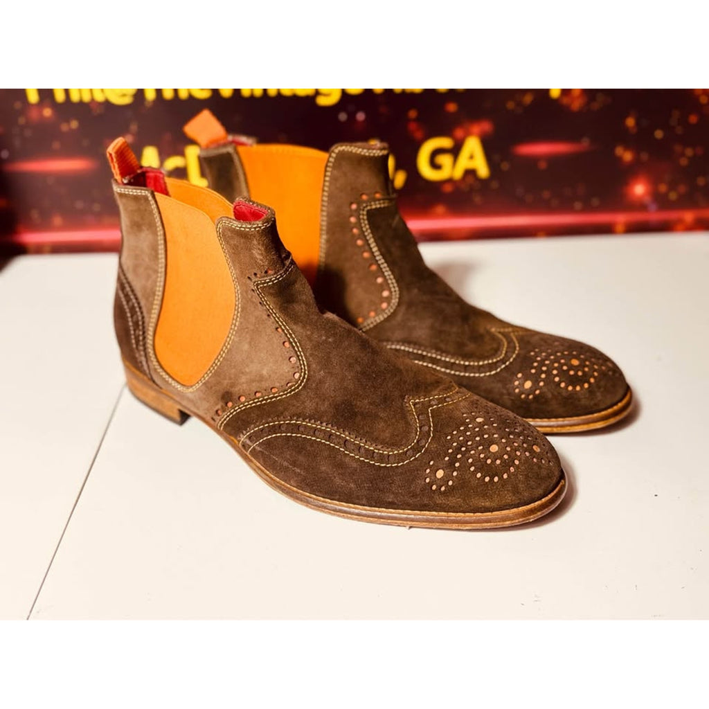 Stefano Castelli Brown Suede Wingtip Chelsea Boots Mens EU 45 US 12 Italy