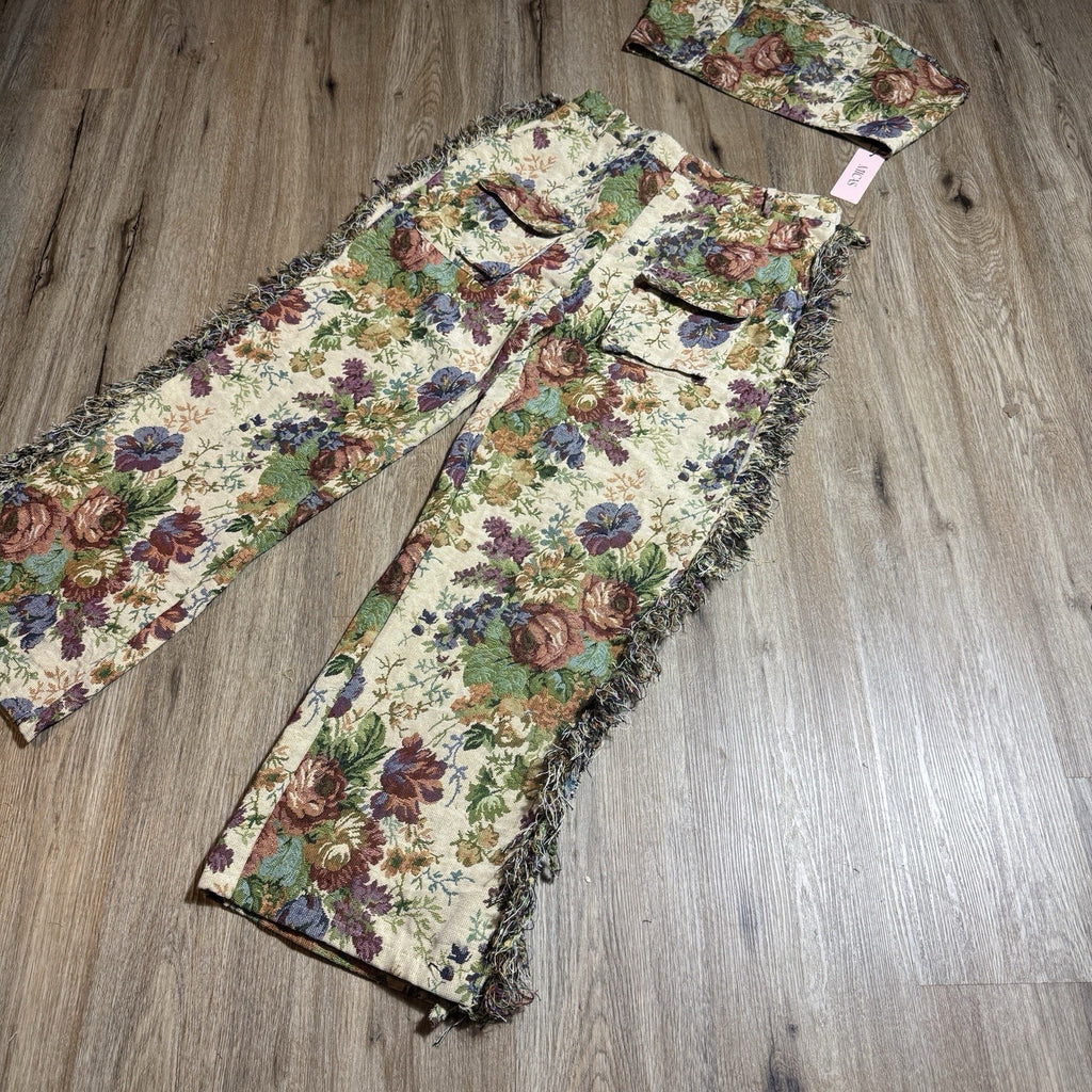NWT MICAS Floral Tapestry Jacquard Fringe Cargo Pants Rave Bandeau Set Womens L