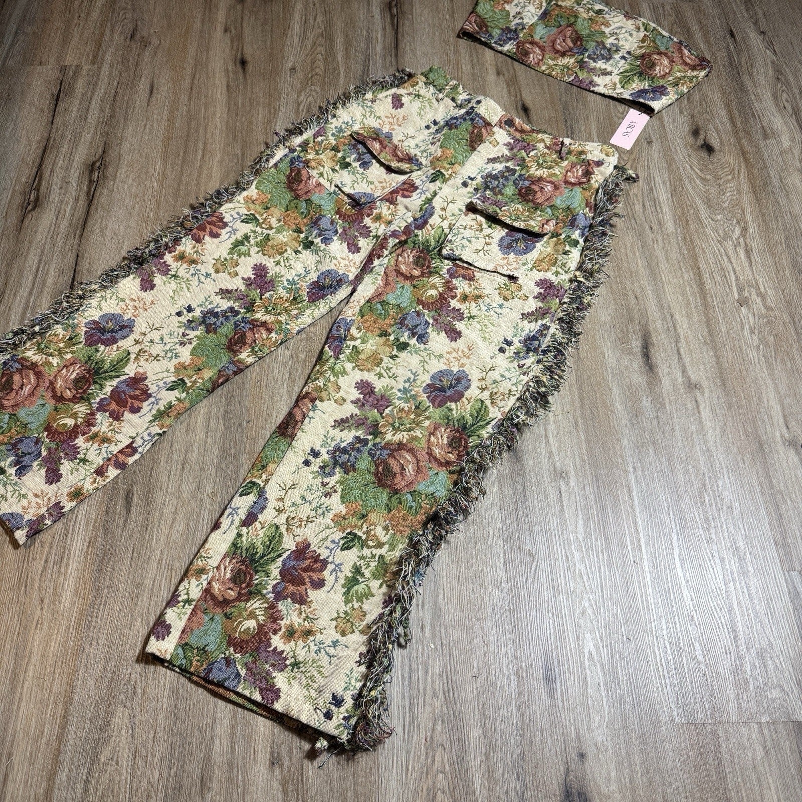 NWT MICAS Floral Tapestry Jacquard Fringe Cargo Pants Rave Bandeau Set Womens L