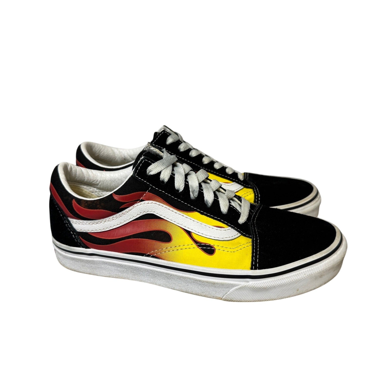 Vans Old Skool Flame Sneakers Black Yellow Red Canvas Skate Shoes Men's 5.5 Women 7