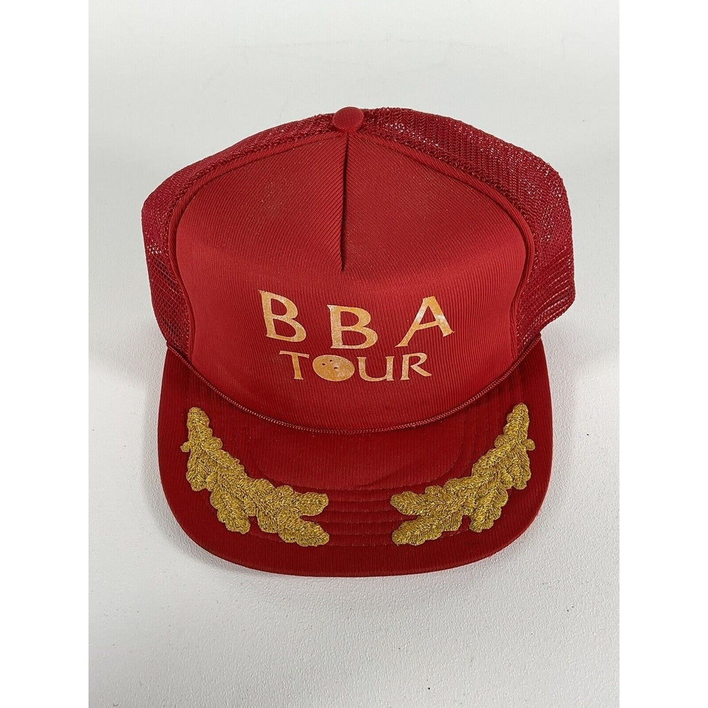 Vtg 1970s BBA Tour Bowling Trucker Hat Red Gold Mesh Snapback Taiwan