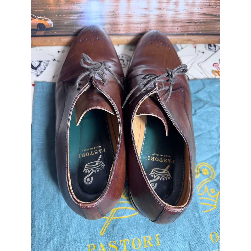 Pastori Handmade Italian Brown Leather Medallion Derby Dress Shoes EU 44 US 11