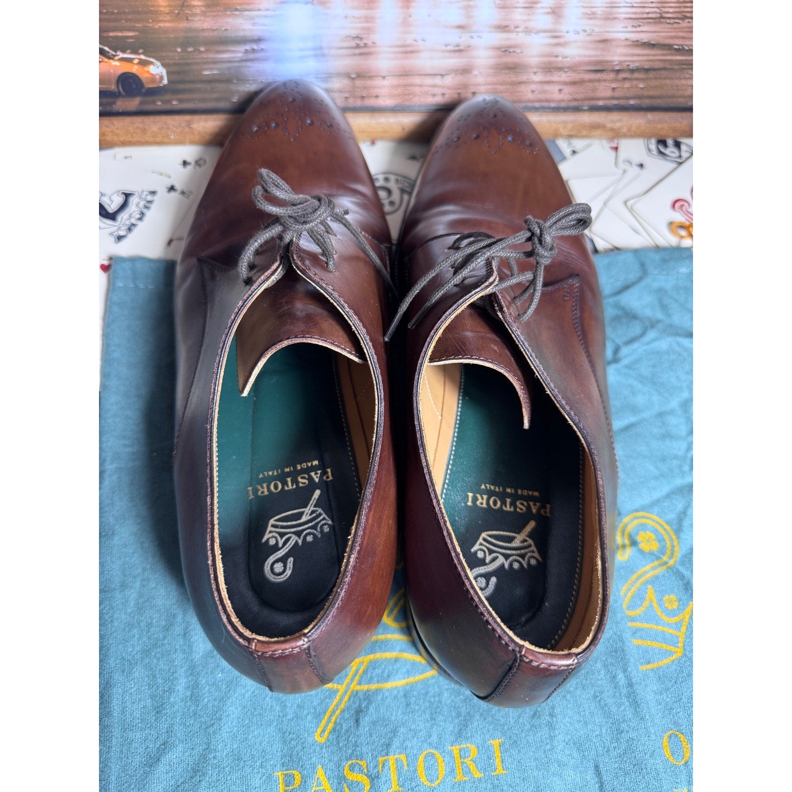 Pastori Handmade Italian Brown Leather Medallion Derby Dress Shoes EU 44 US 11