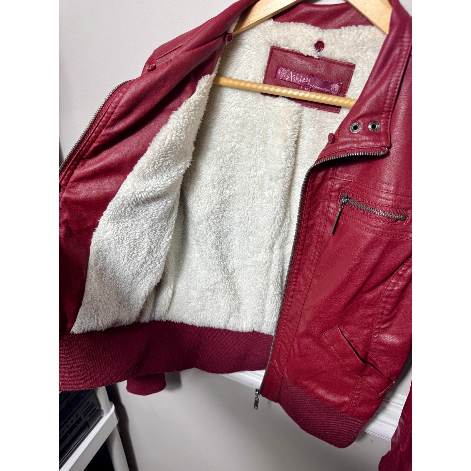 Ashley Faux Leather Sherpa Lined Moto Bomber Jacket Burgundy Women’s M Medium