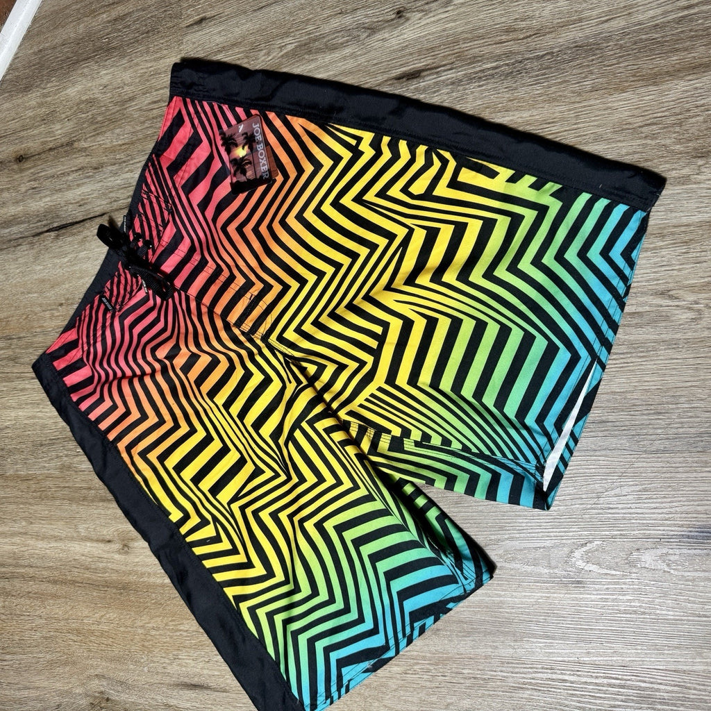 VTG Joe Boxer Men 32 Board Shorts Rainbow ZigZag Neon Swim Trunks Deadstock Y2K