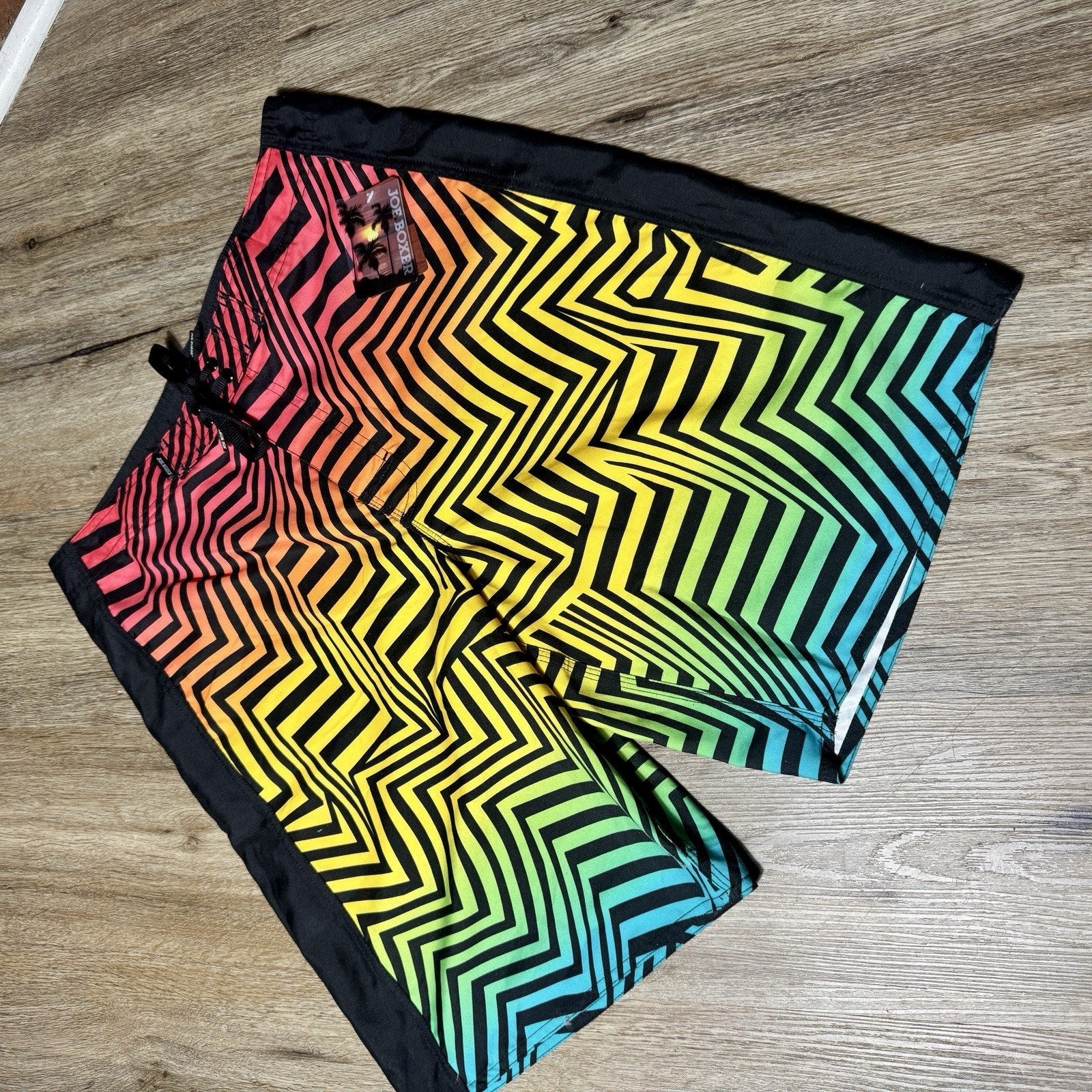 VTG Joe Boxer Men 32 Board Shorts Rainbow ZigZag Neon Swim Trunks Deadstock Y2K