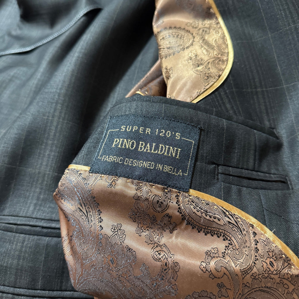 Pino Baldini 3 Pc Suit 48L 43W Charcoal Gray Windowpane Plaid Super 120s