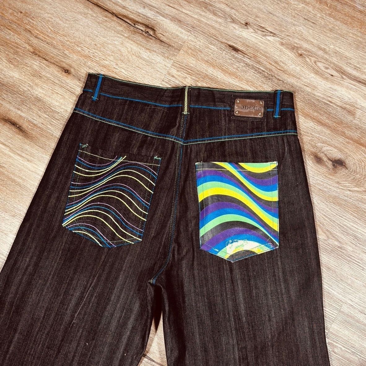 Dodeca Jeans Y2K Dark Wash Wide Leg Graphic Denim 38x34 Rare Streetwear
