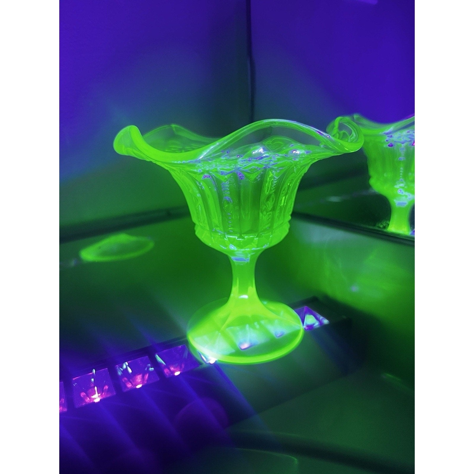 Kanawha Glass Green Uranium Pedestal Compote Candy Dish Glows Vintage 5.5"