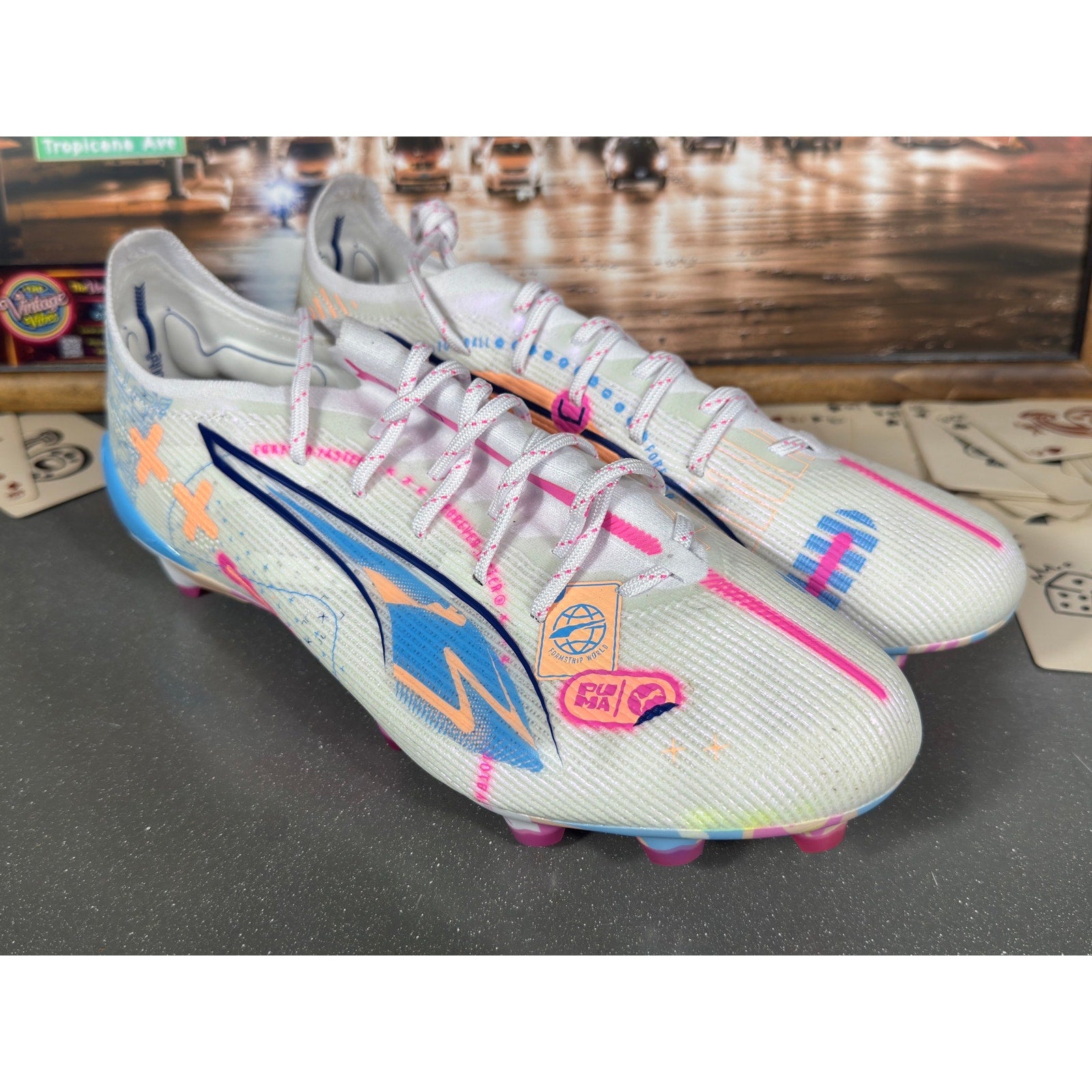 Puma Ultra Match FG/AG Soccer Cleats White Pink Blue 108063-01 Men’s 8.5