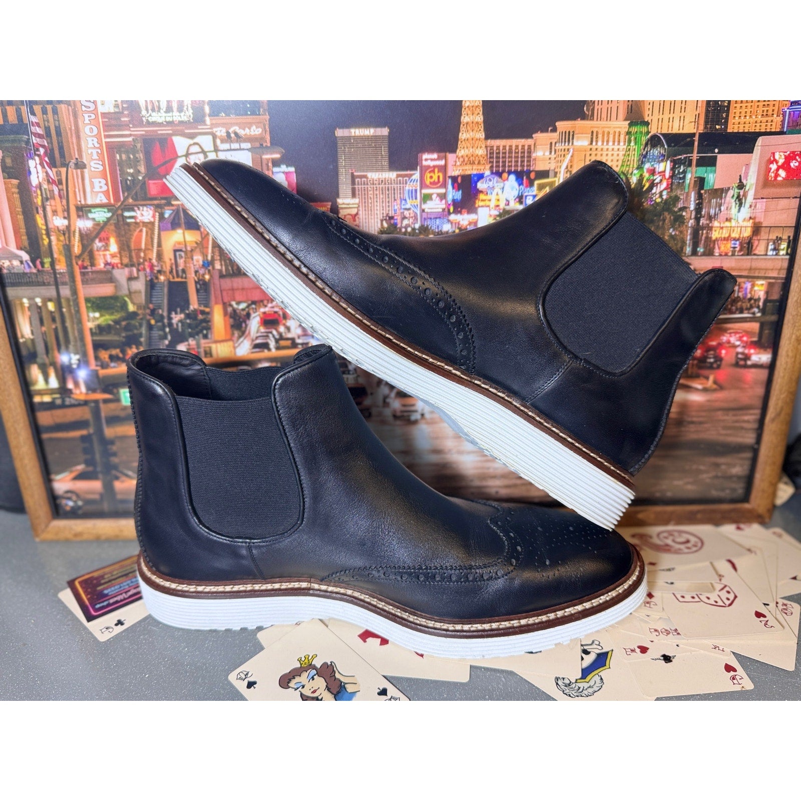 Johnston & Murphy Collection Chelsea Wingtip Boots Black Leather Italy Mens 10M