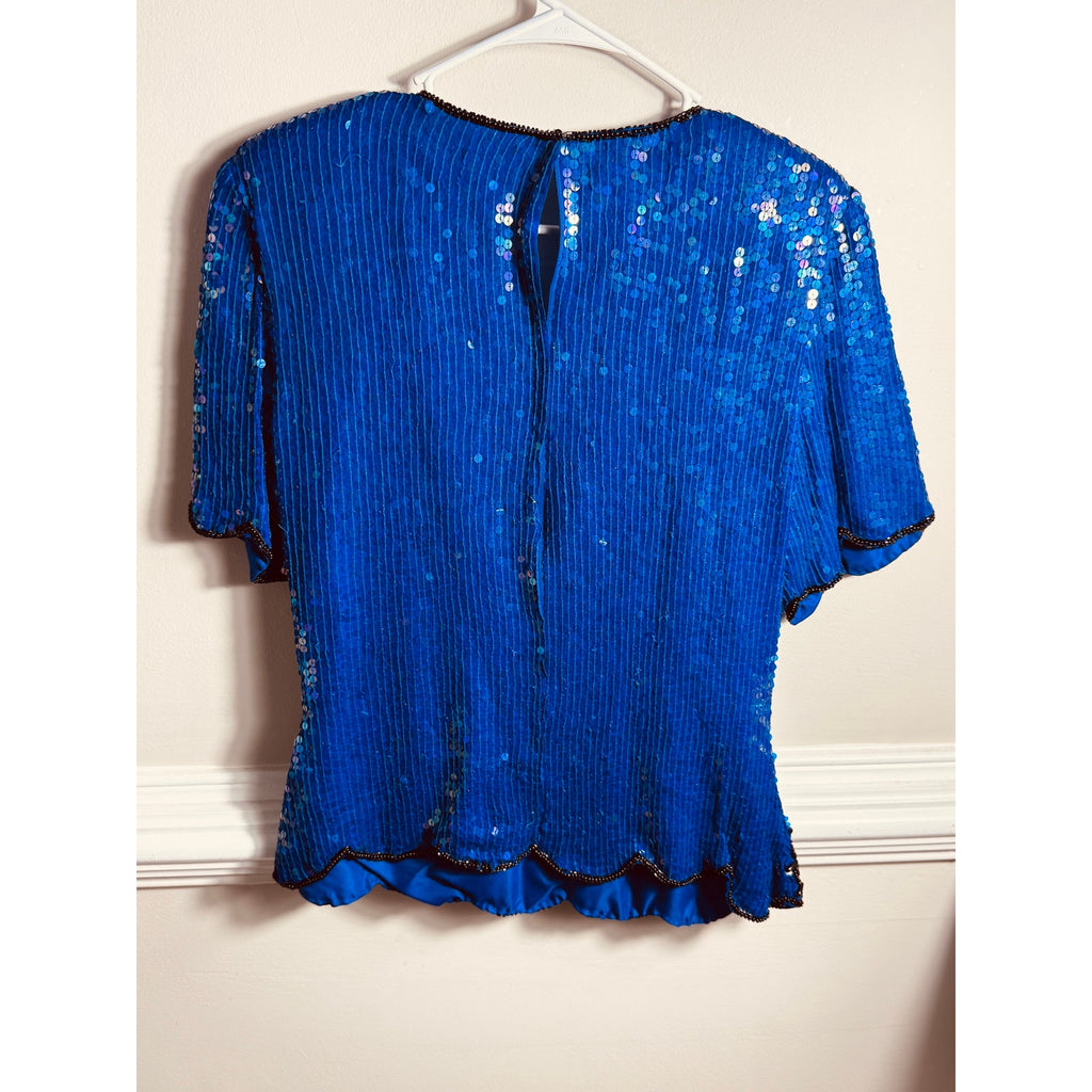 Vintage Stenay Silk Beaded Sequin Top Blue Black Evening Party Blouse Women’s Large