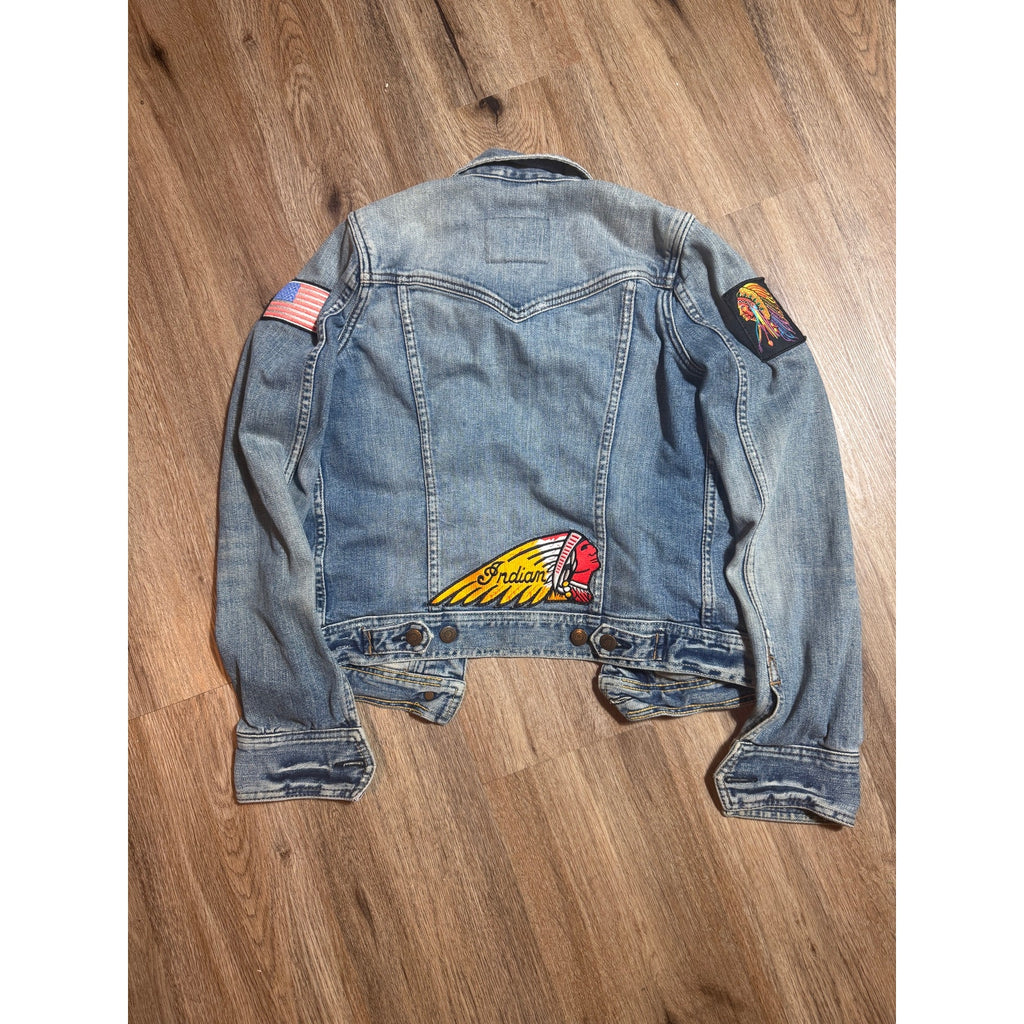 Vtg Abercrombie Fitch Indian Motorcycle Patch Denim Jacket Women S USA Flag Y2K