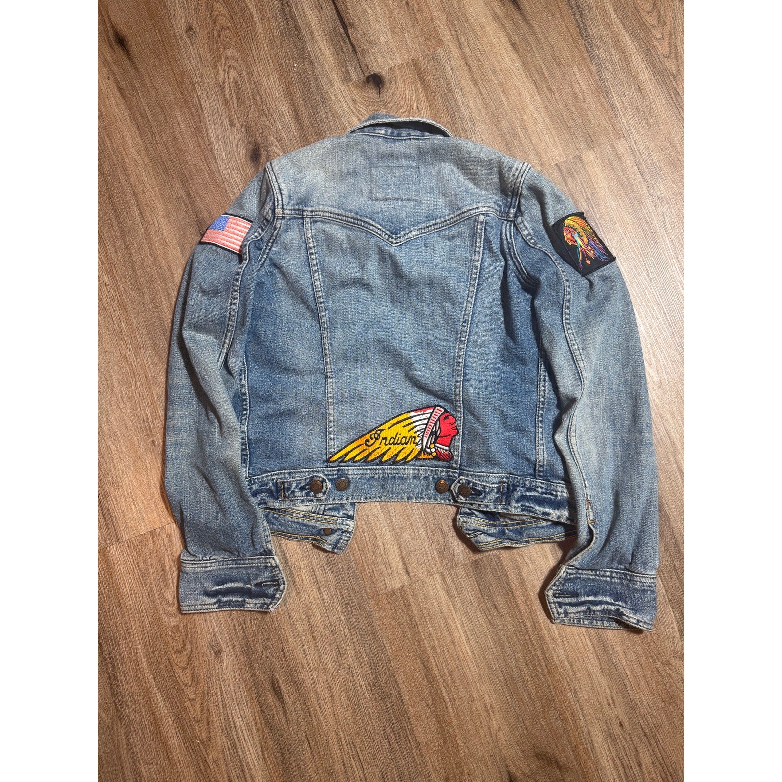 Vtg Abercrombie Fitch Indian Motorcycle Patch Denim Jacket Women S USA Flag Y2K