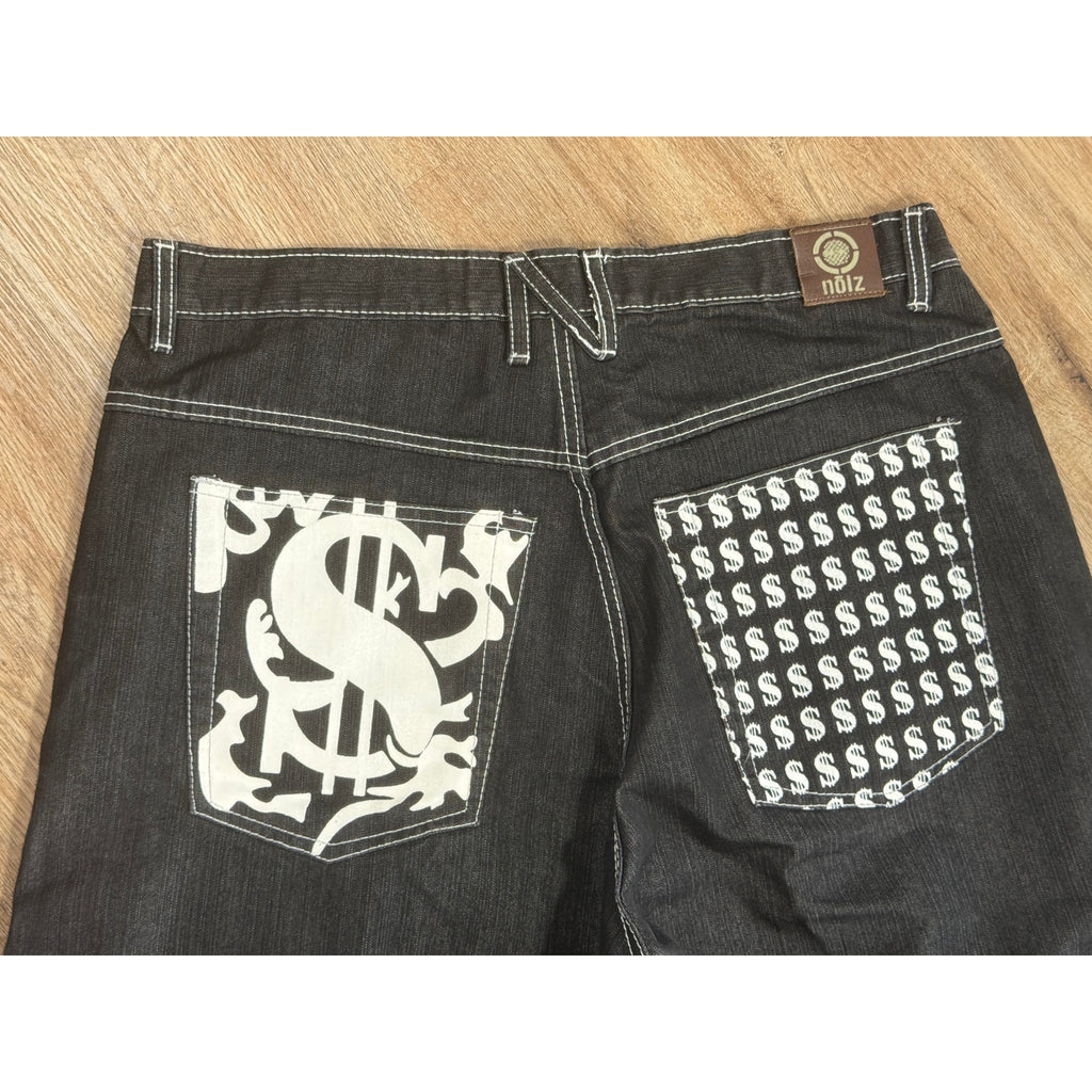 Noiz Jeans Denim Jorts Shorts Men’s 34 Black Y2K Skater Hip Hop Baggy Logo Money