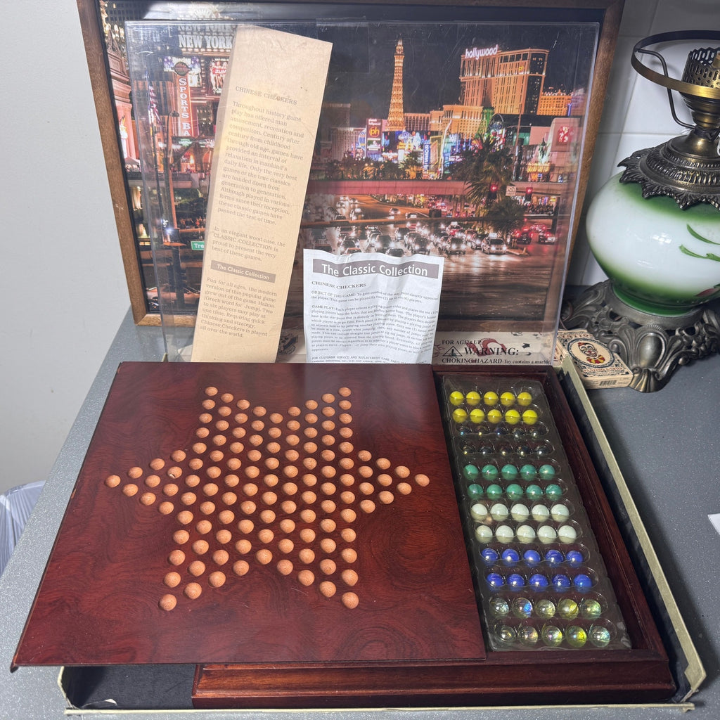 Vintage Wooden Chinese Checkers Game 14x14 Wood Board Complete Strategy Game