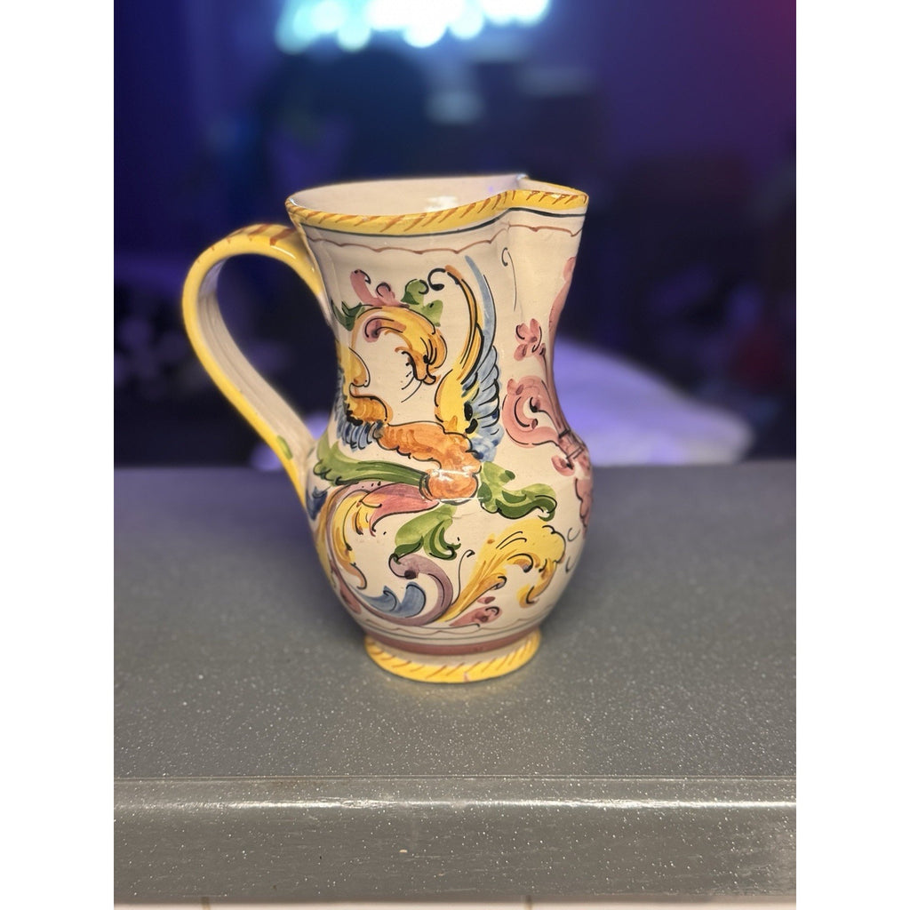 Vtg Italian Majolica Hand Painted Pitcher Floral Ceramic Vase Italy 6.75”