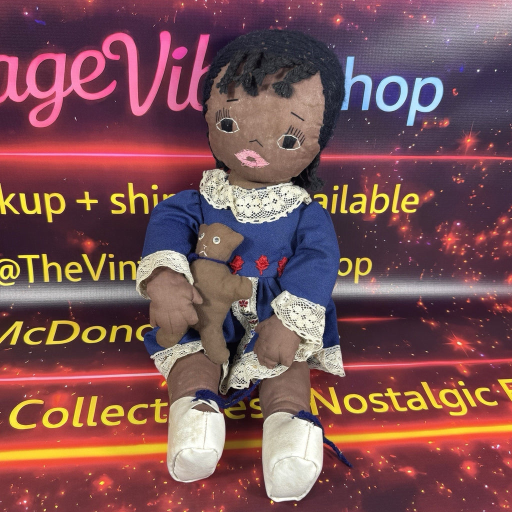 Vintage Handmade African American Cloth Rag Doll Blue Lace Dress Cat 1970s 80s