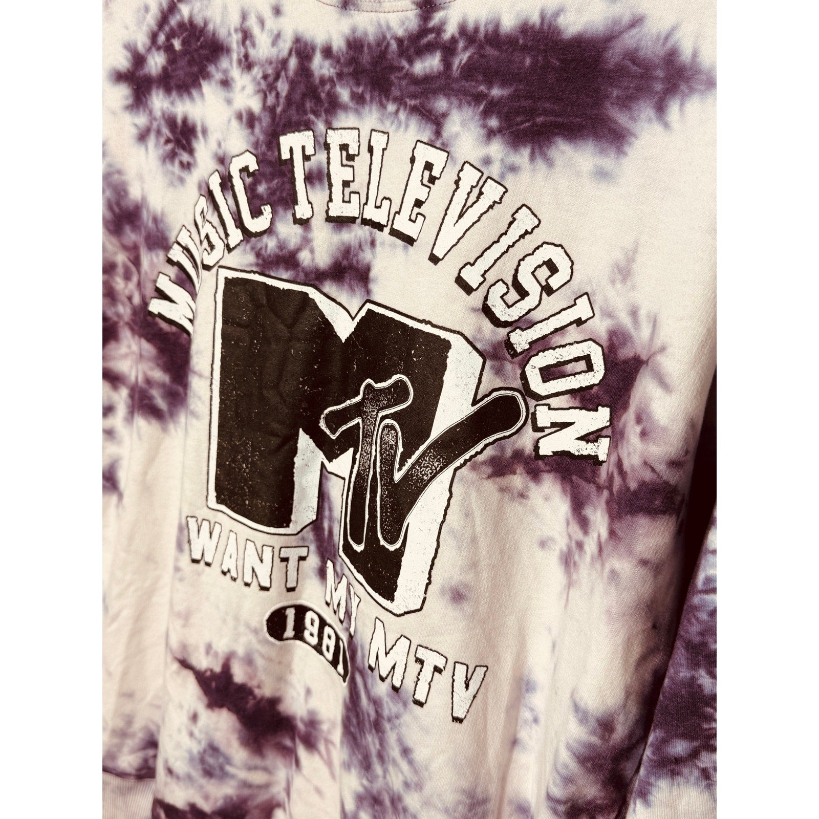 MTV Music Television Tie Dye Sweatshirt Purple White Graphic Crewneck Medium