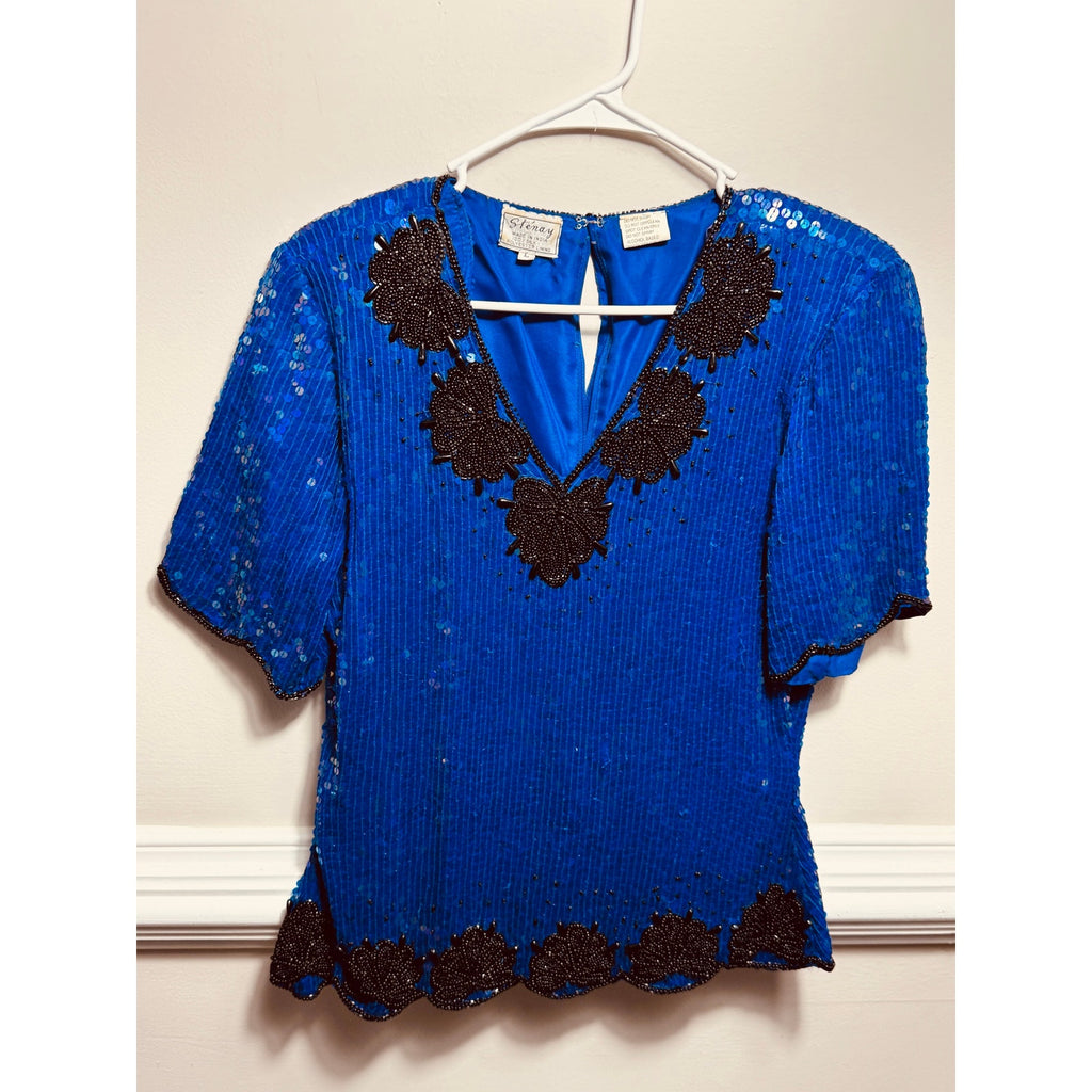 Vintage Stenay Silk Beaded Sequin Top Blue Black Evening Party Blouse Women’s Large
