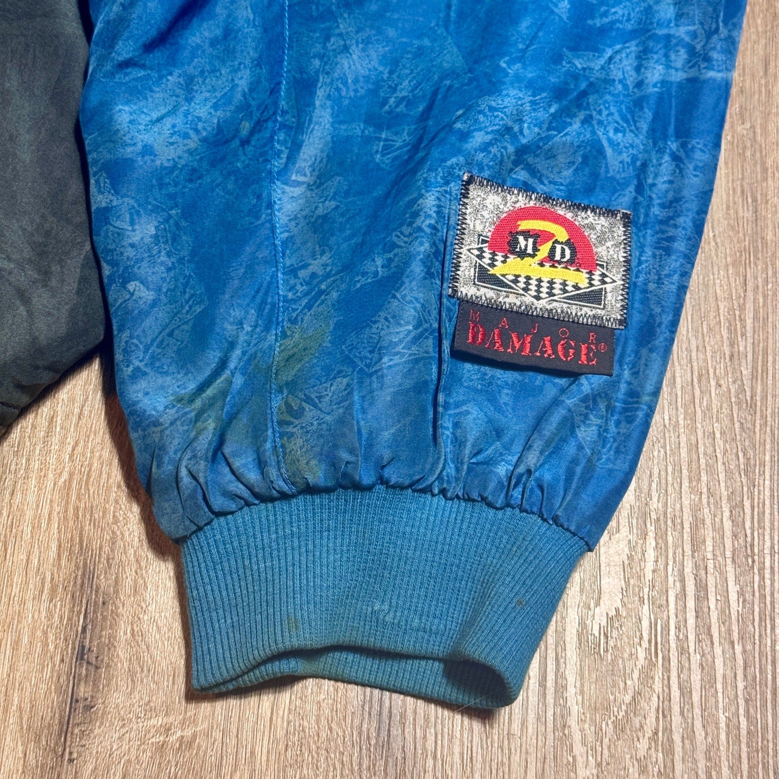 Vintage M2D Major Damage Silk Bomber Jacket Mens XL XXL Blue Black 90s Hip Hop