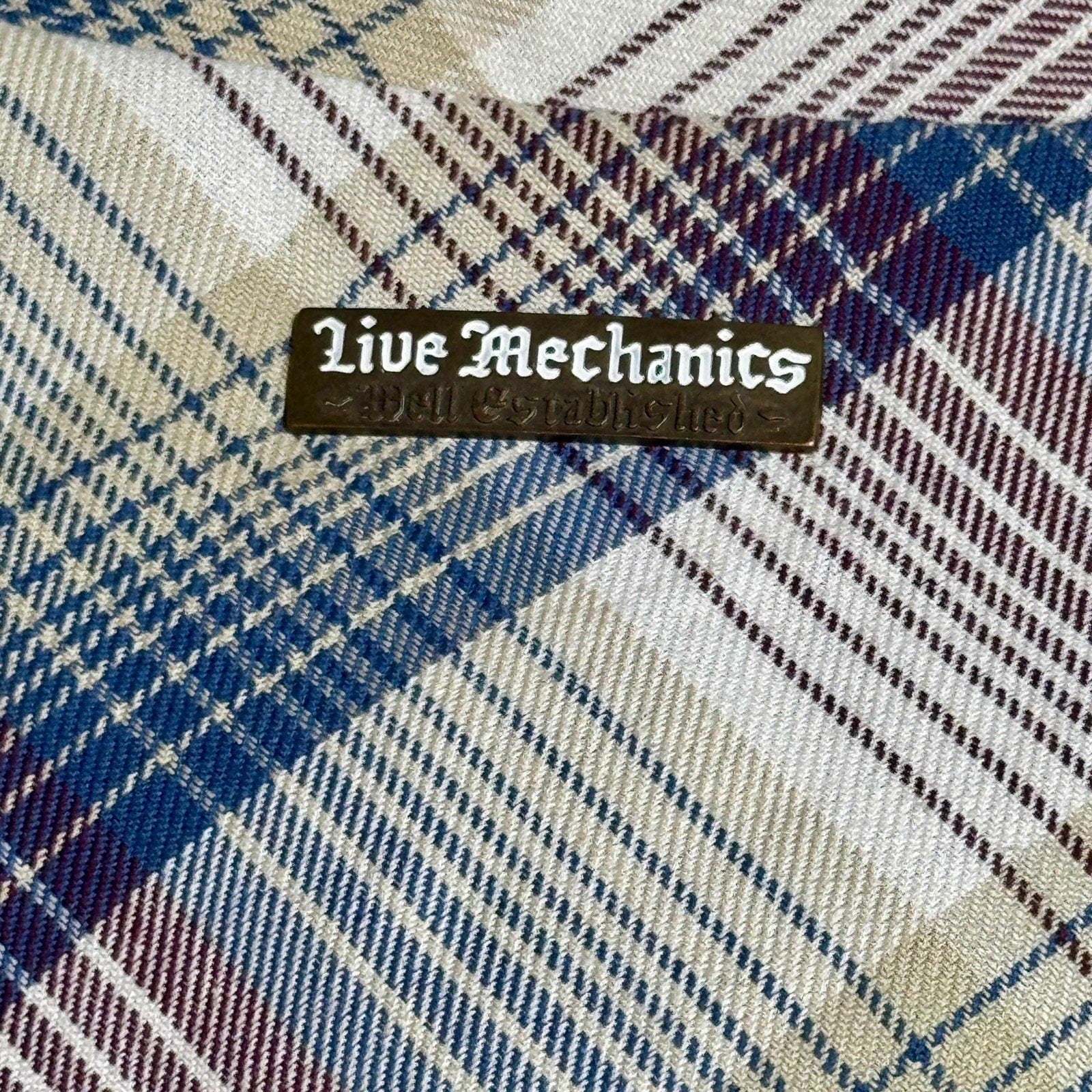 Live Mechanics Plaid Chambray Full Zip Vest 3XL Y2K Motorcycle Biker Denim Vest