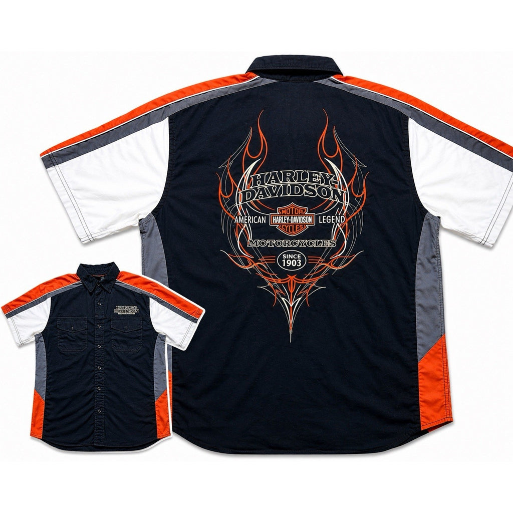 Harley-Davidson Performance Flame Work Shirt Button Up Black Orange Men’s Large