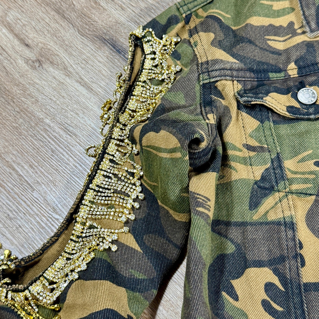 Azalea Wang Camo Rhinestone Fringe Cold Shoulder Cropped Trucker Jacket Small S