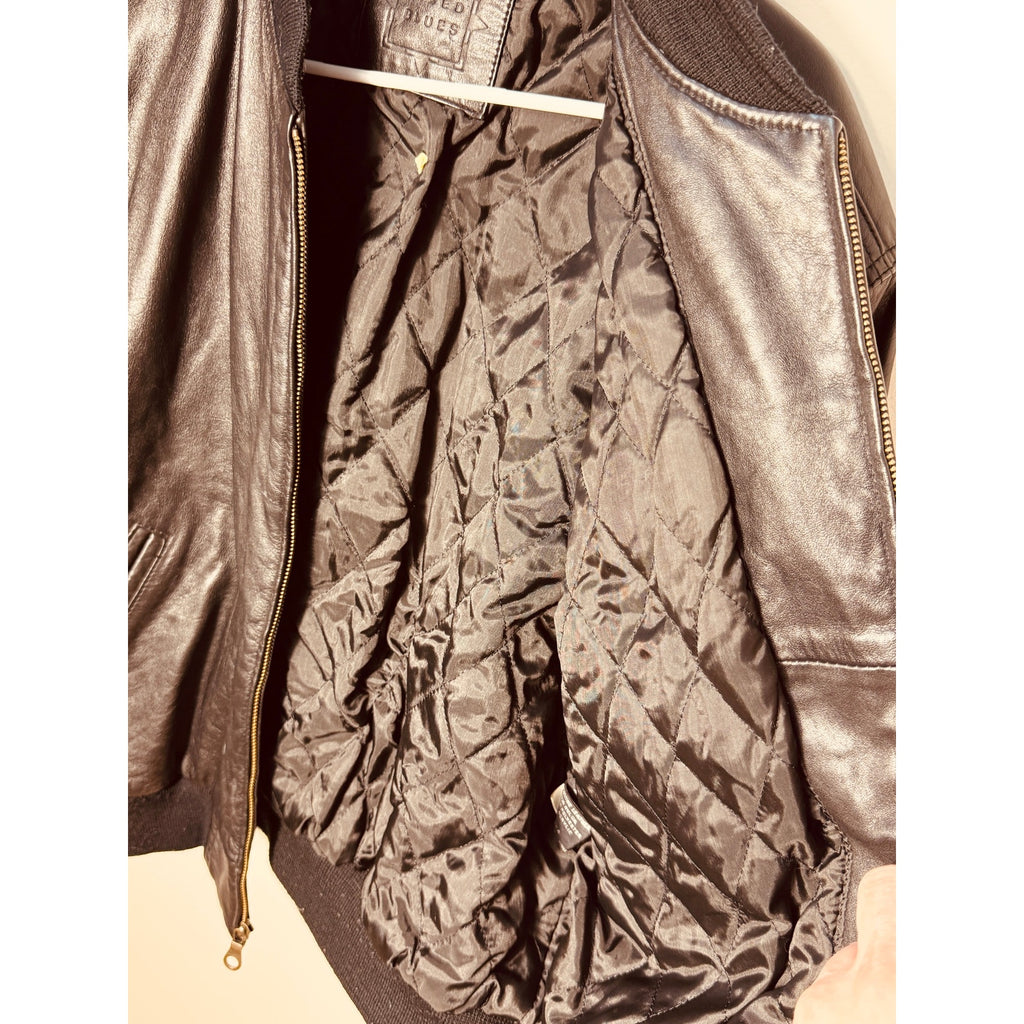 Vintage Mixed Blues Genuine Leather Bomber Jacket Black Ribbed Zip Flight Jacket