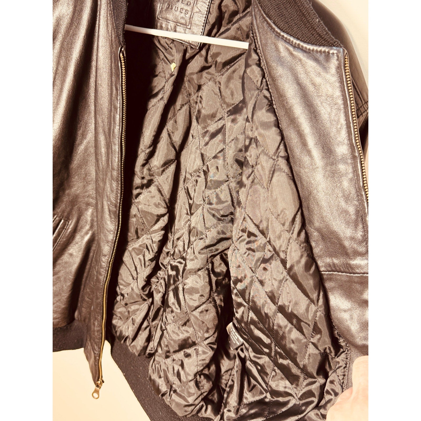 Vintage Mixed Blues Genuine Leather Bomber Jacket Black Ribbed Zip Flight Jacket