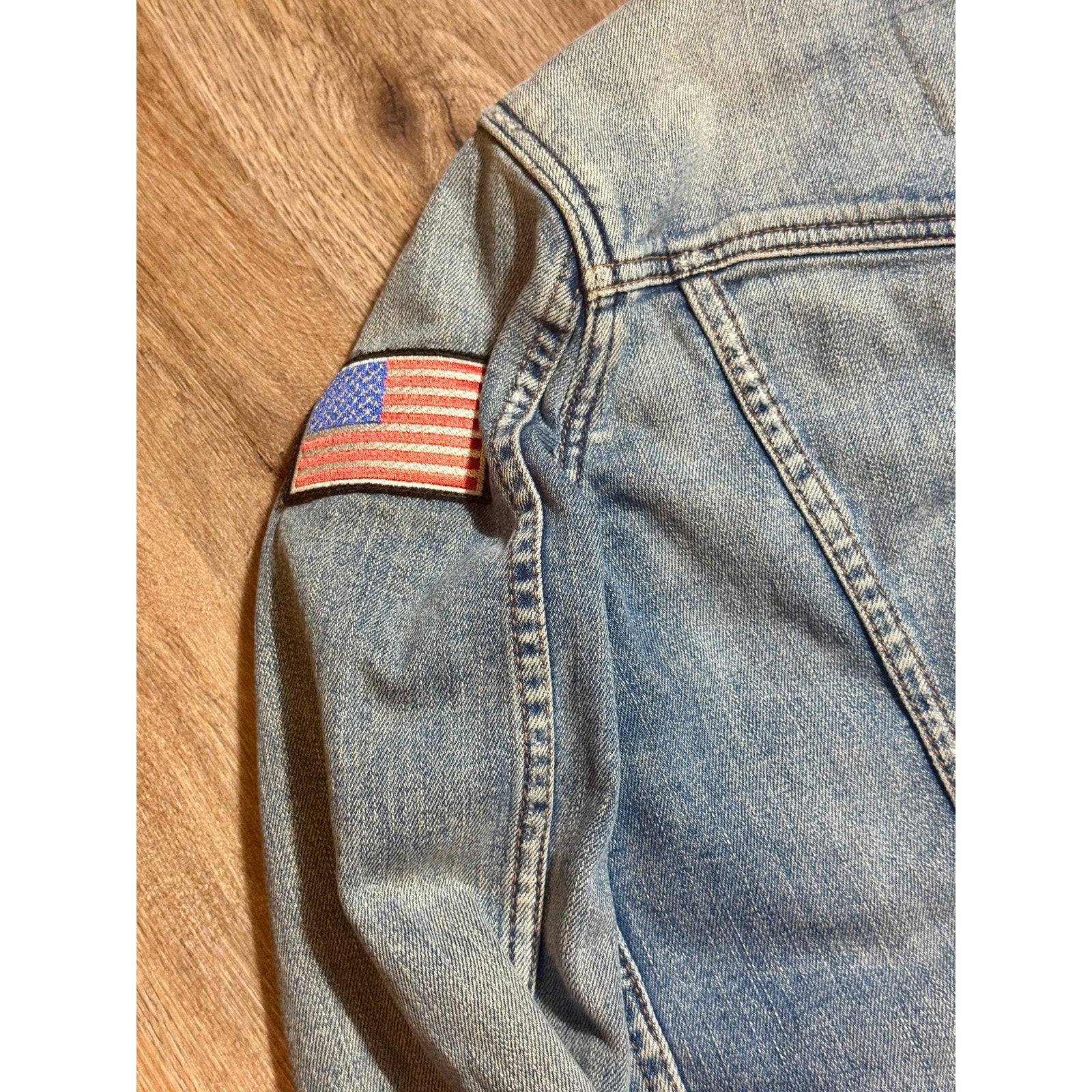 Vtg Abercrombie Fitch Indian Motorcycle Patch Denim Jacket Women S USA Flag Y2K