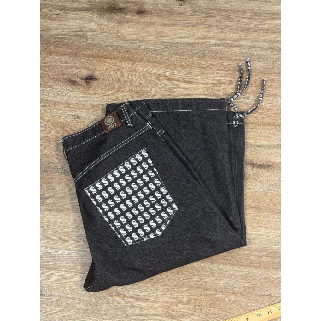 Noiz Jeans Denim Jorts Shorts Men’s 34 Black Y2K Skater Hip Hop Baggy Logo Money
