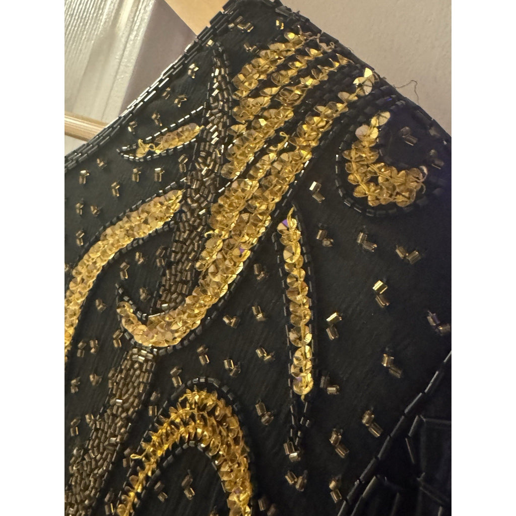 Vtg 1970-80s Jewel Queen 100% Pure Silk Black Gold Beaded Cocktail Dress Large