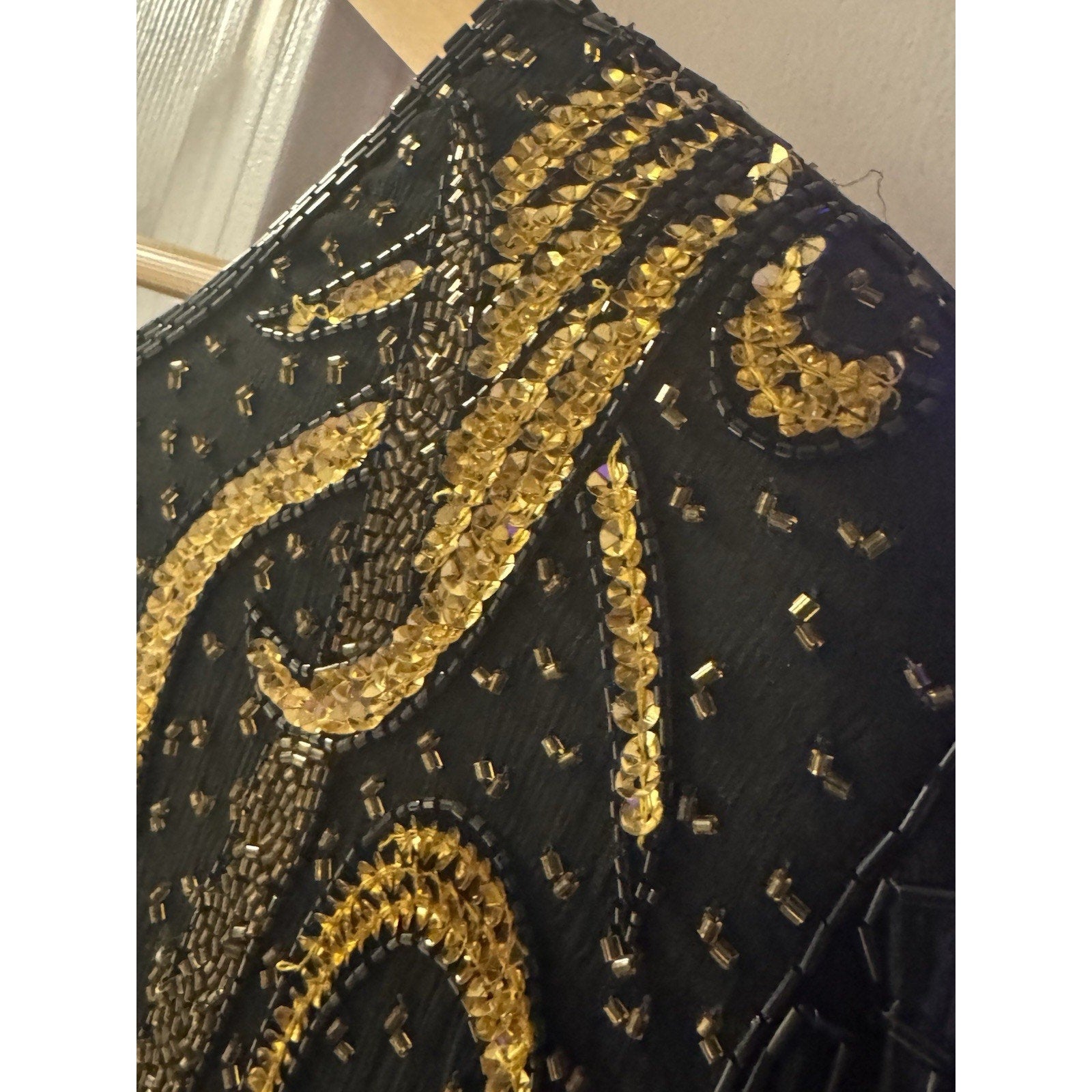 Vtg 1970-80s Jewel Queen 100% Pure Silk Black Gold Beaded Cocktail Dress Large
