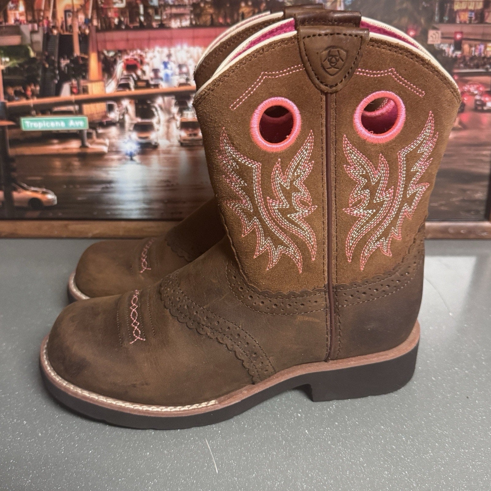 Ariat Fatbaby Girls Western Cowboy Boots Brown Pink Leather Square Toe US 3.5
