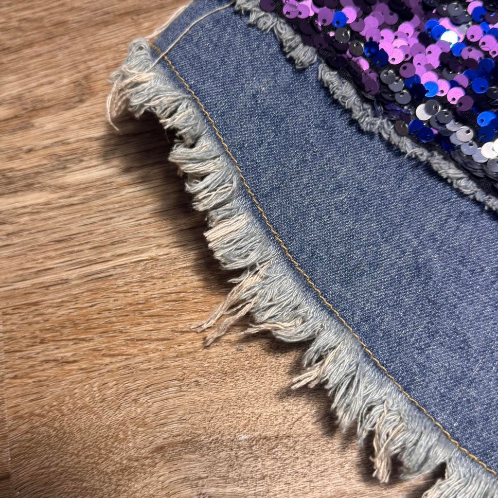 Women's Y2K Distressed Denim Sequin Vest Jacket Festival Rave Glam Large