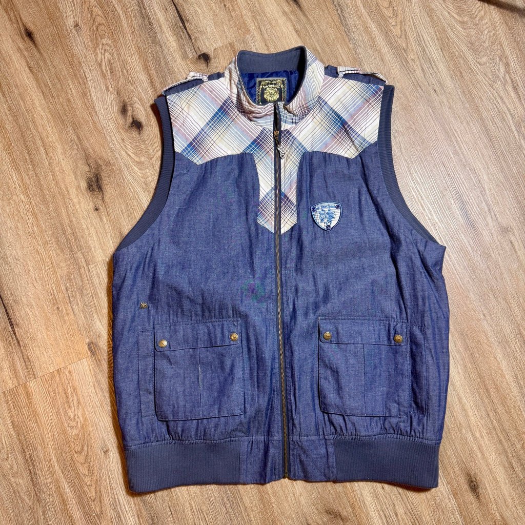 Live Mechanics Plaid Chambray Full Zip Vest 3XL Y2K Motorcycle Biker Denim Vest
