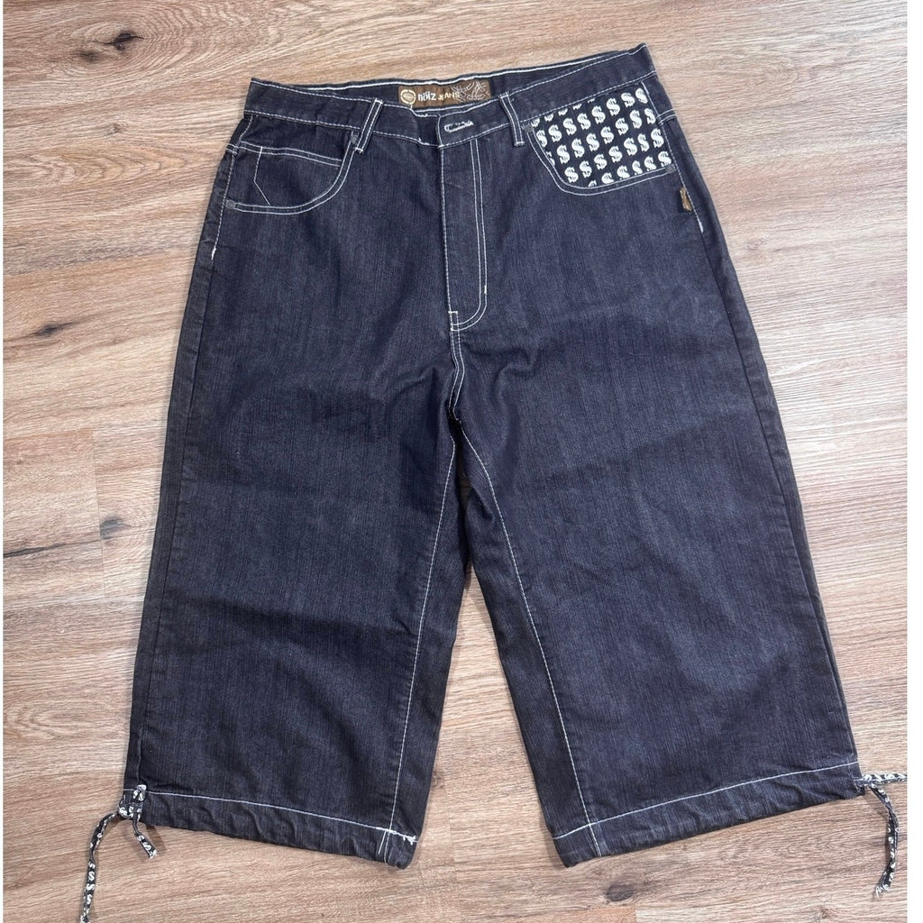 Noiz Jeans Denim Jorts Shorts Men’s 34 Black Y2K Skater Hip Hop Baggy Logo Money