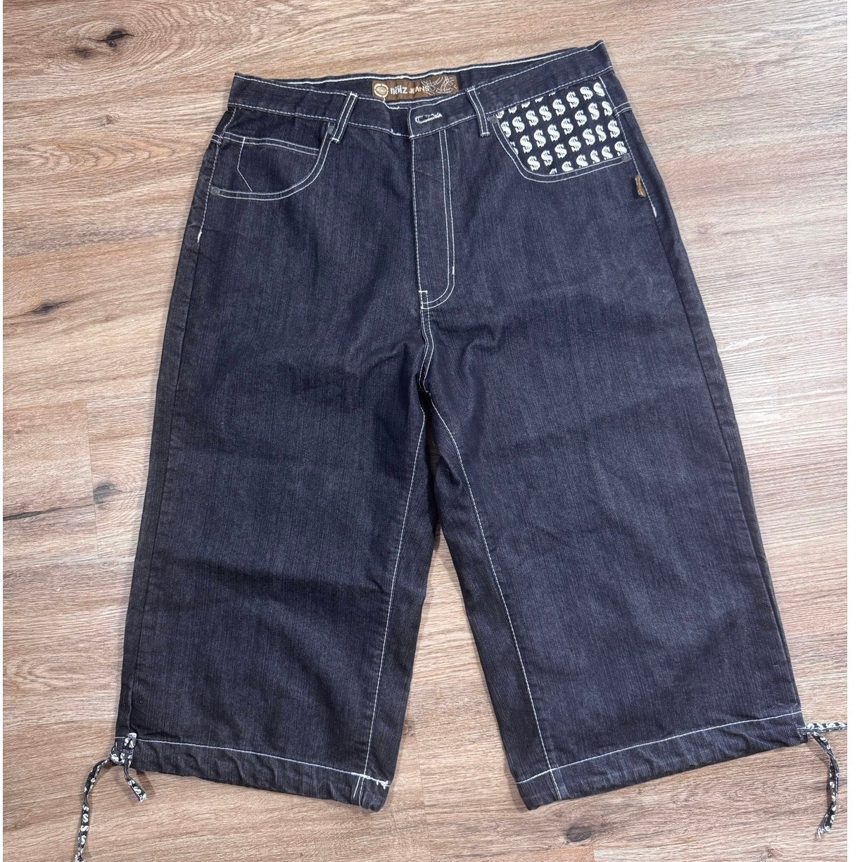 Noiz Jeans Denim Jorts Shorts Men’s 34 Black Y2K Skater Hip Hop Baggy Logo Money