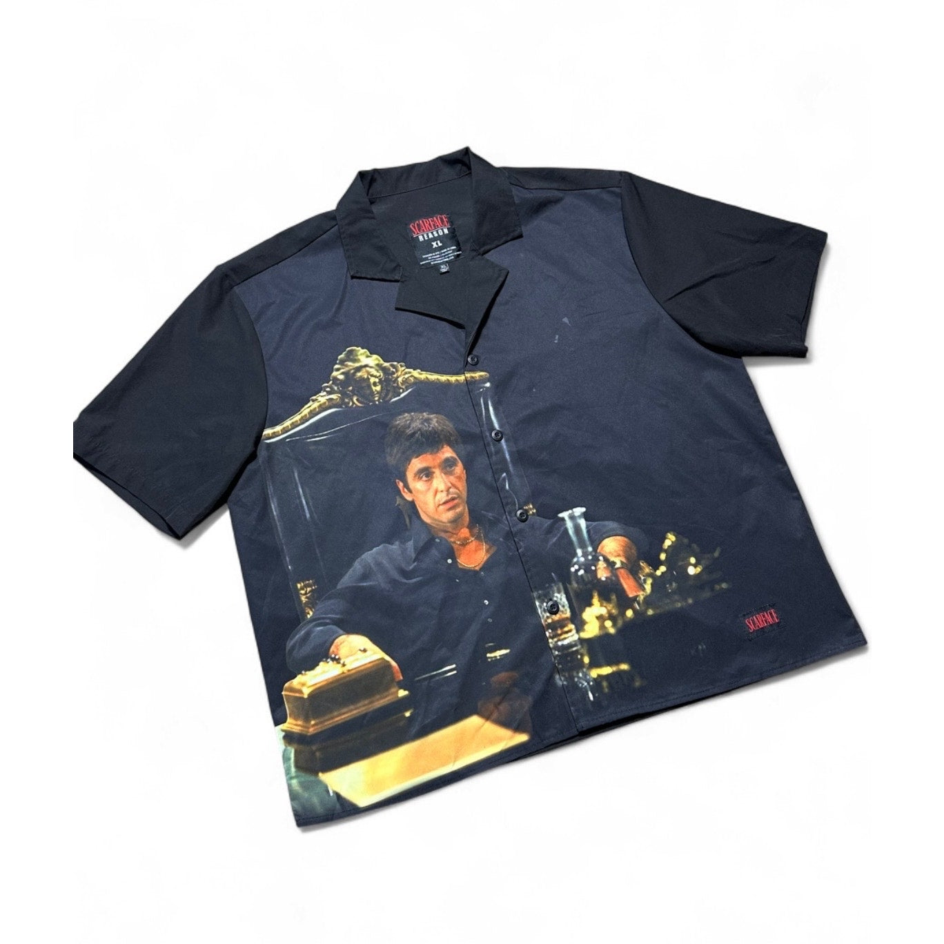 Scarface Tony Montana Button Up Shirt XL Reason Black Camp Collar Movie Print