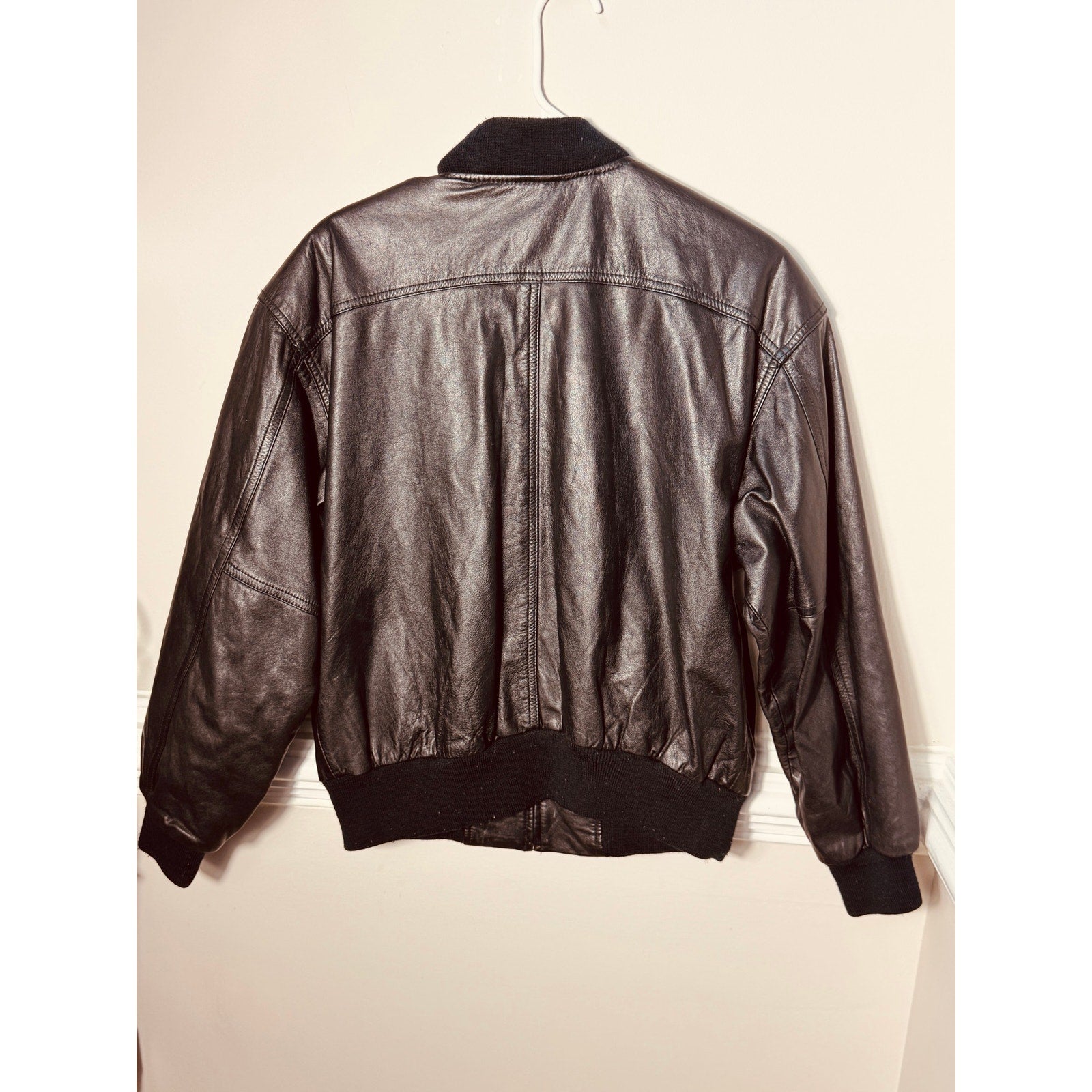Vintage Mixed Blues Genuine Leather Bomber Jacket Black Ribbed Zip Flight Jacket