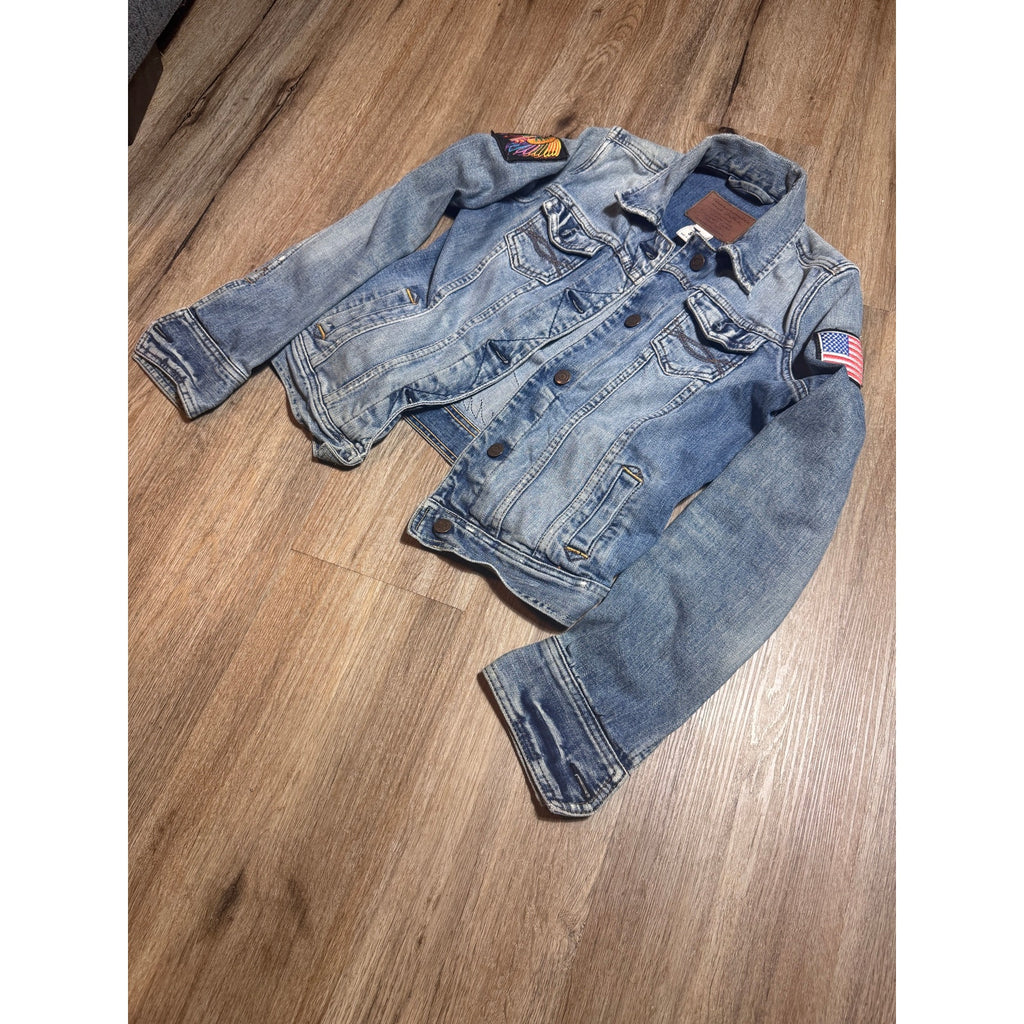 Vtg Abercrombie Fitch Indian Motorcycle Patch Denim Jacket Women S USA Flag Y2K
