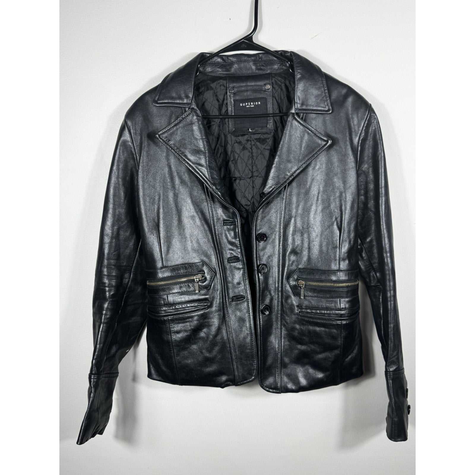Vtg Superior NY Collection Black Leather Jacket Women’s L Quilted Lining USA