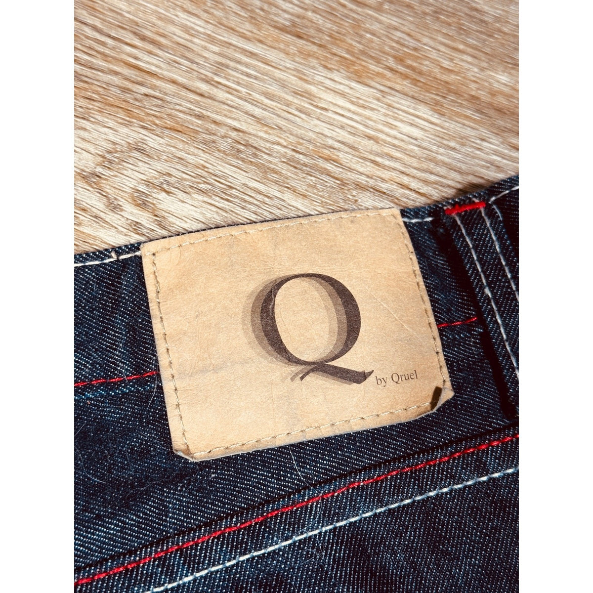 Q by Qruel Y2K Dark Wash Designer Jeans Contrast Stitch Straight Leg Men’s 36x33