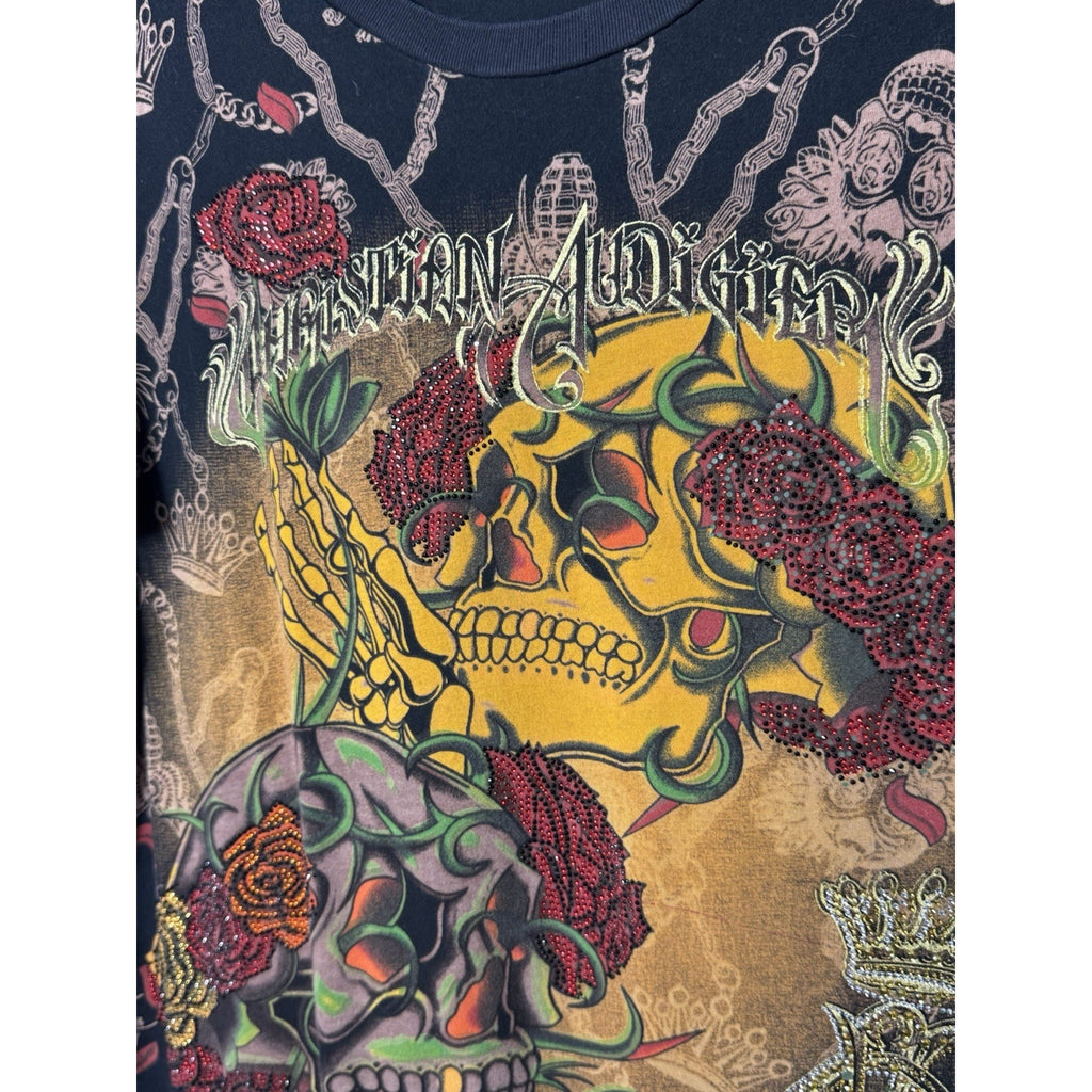 Vtg Christian Audigier Skulls Roses Tee XL Rhinestone Tattoo All Over Print