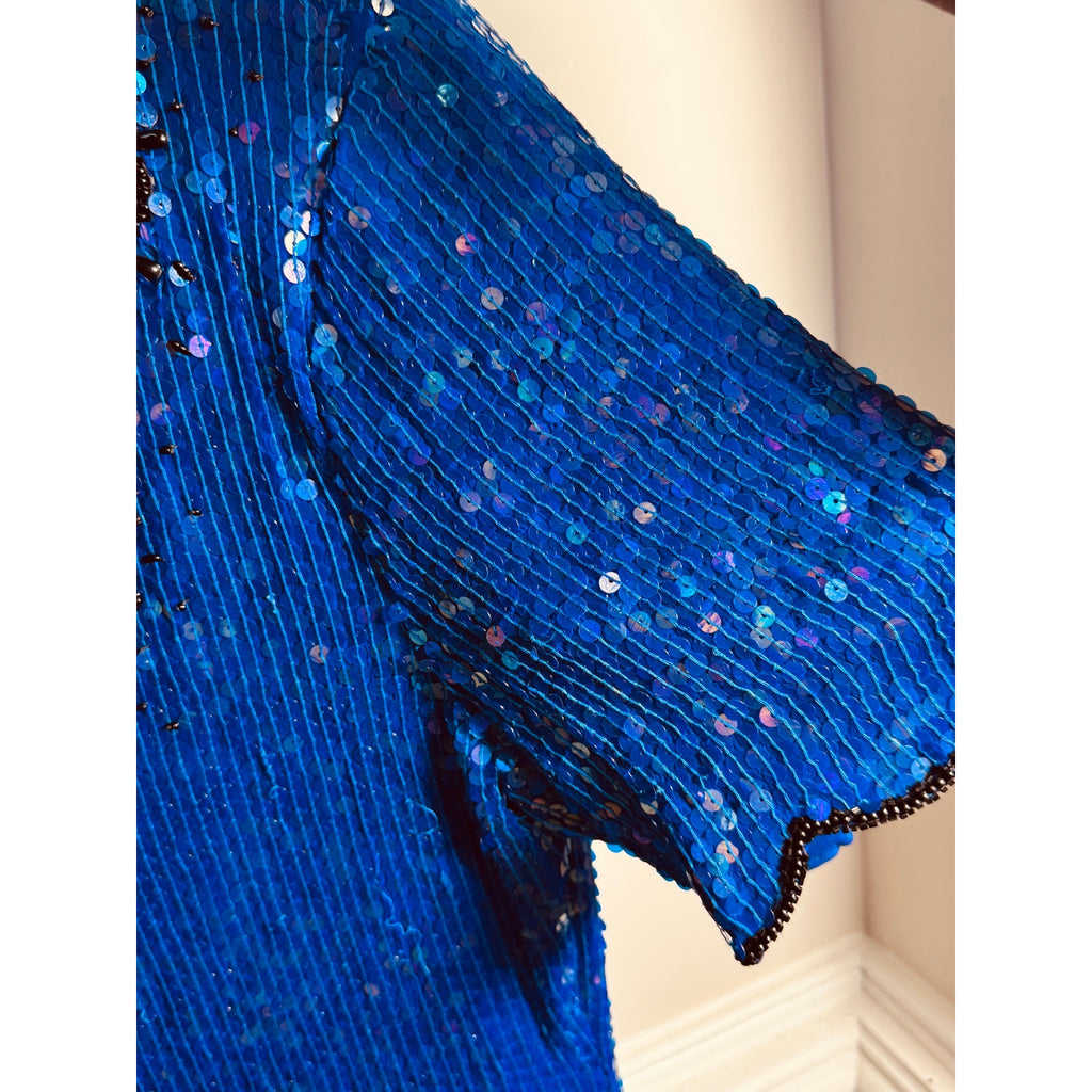 Vintage Stenay Silk Beaded Sequin Top Blue Black Evening Party Blouse Women’s Large